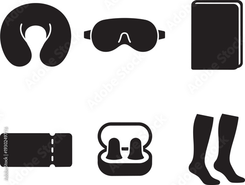 Transit and Flight Comfort Travel Essentials Silhouette Icon Set Vector Illustration