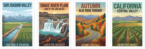 Vintage usa travel poster set. Including san joaquin and central valley california, snake river plain, and blue ridge parkway. Retro vector illustration.