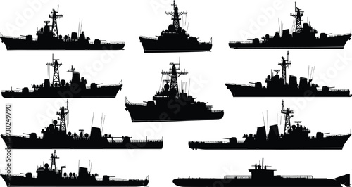 Military warship silhouette set with submarine, naval destroyer icons, battleship vector graphics, marine navy vessel silhouettes, sea power defense elementsMilitary warship silhouette set with 