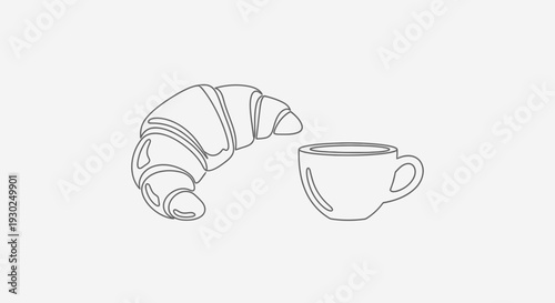 Simple Line Art Drawing of a Croissant and a Coffee Cup