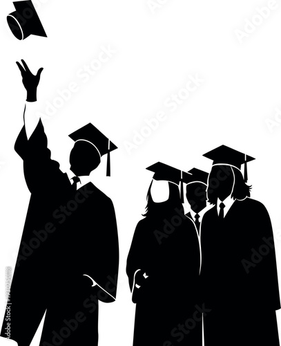 Graduation celebration silhouette four graduates in cap and gown