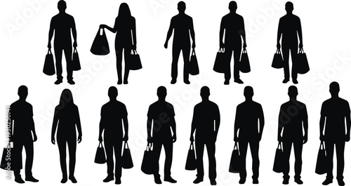 Shopping people silhouette collection, men and women carrying shopping bags retail customer set isolated on white background