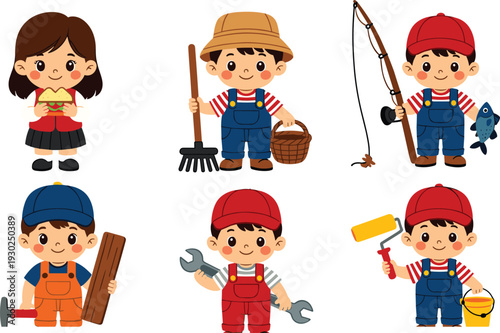 Set of Cute Little Boy and Girl Characters Illustrating Different Occupations and Hobbies Including Fishing Gardening Carpentry Painting and Eating Flat Vector Illustration Isolated