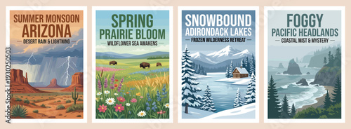 Vintage USA travel poster set. Featuring arizona summer monsoon, spring prairie bloom, adirondack lakes, and foggy pacific headlands. Vector art.