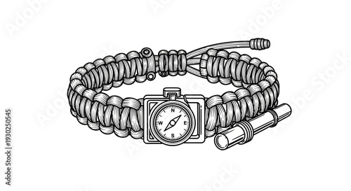 Paracord Survival Bracelet with Compass and Whistle - Black and White Illustration