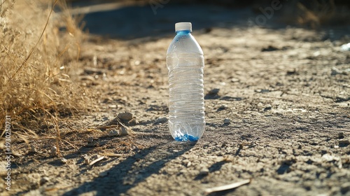 minimalist scene of clear plastic bottle reflecting sunlight on parched ground, windblown debris scattered around isolated trash