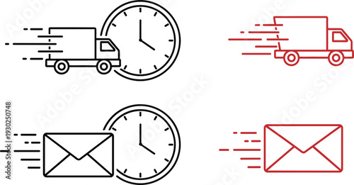 Fast Delivery and Express Mail Icons with Truck, Envelope, and Clock Symbols for Shipping Service, Logistics, and Same Day Dispatch Design