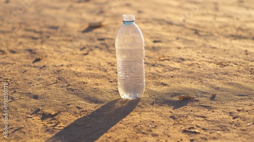 minimalist scene of clear plastic bottle reflecting sunlight on parched ground, windblown debris scattered around isolated trash