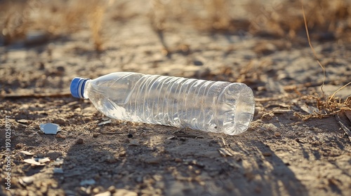 minimalist scene of clear plastic bottle reflecting sunlight on parched ground, windblown debris scattered around isolated trash