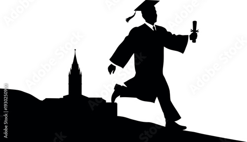 Graduate in silhouette running with diploma near university building