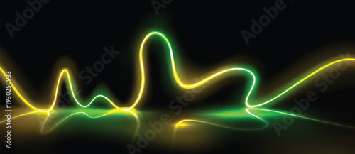 Abstract glowing neon light wave with green and yellow gradient on dark background. Dynamic luminous line creating a futuristic light effect, perfect for technology backgrounds, digital art