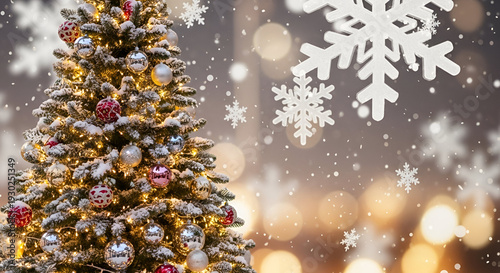Snow-covered Christmas tree with ornaments and lights