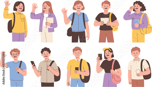 Set of Diverse High School or College Students Cartoon Characters with Backpacks and Notebooks Waving Hello for Back to School Education and Campus Life Design