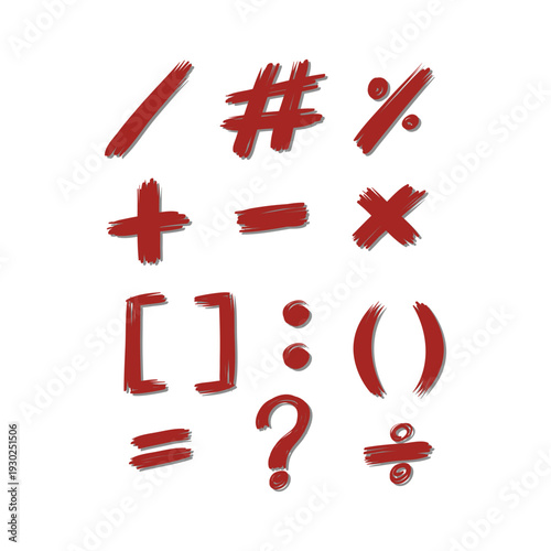 Collection of red hand drawn punctuation and special symbols including slash, hashtag, percent, plus, minus, multiplication, brackets, colon, question mark and other characters.