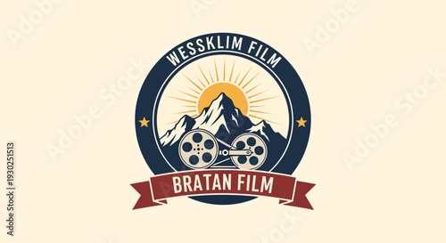Wessklim Film Bratan Film logo with mountains, sun, and film reels, symbolizing cinematic production and nature.