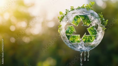 floating Earth model with dripping water forming a recycle symbol, background transparent, concept of conservation and sustainability