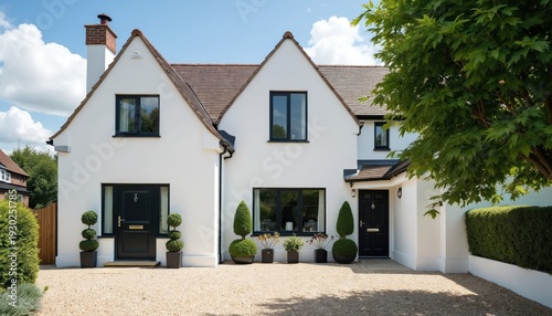 Modern white house exterior with black framed windows and doors. Gravel driveway leads to entrance. Well kept garden with topiary plants and neat hedges surround property.