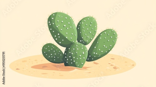 flat vector illustration of a stylized green nopal cactus with clean rounded paddles and dotted areoles, centered on beige desert background