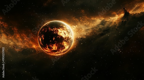 flaming Earth rotating in space with oil spills and smog clouds around it, contrasted against distant stars and clean cosmos