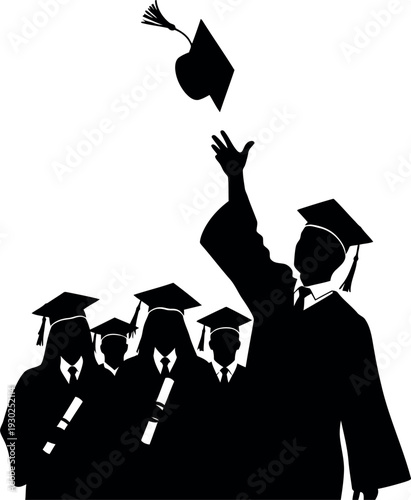 Graduation celebration silhouette students tossing caps in joyful commencement