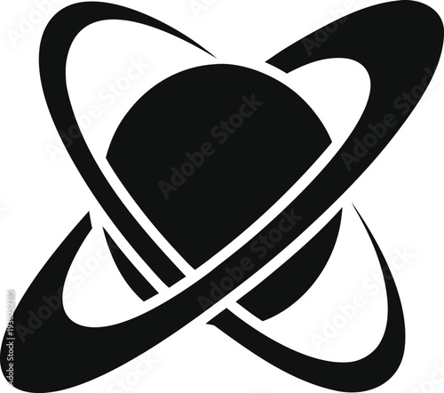 Abstract Black Planet with Orbiting Rings, Minimalist Space and Science Vector Icon.