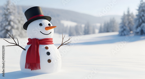 Happy snowman in winter landscape with red scarf and hat