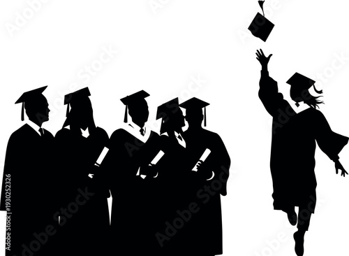Graduation celebration silhouette five graduates and one triumphant student