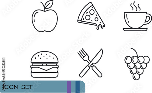 Print Minimalist Food and Dining Icon Set Featuring Healthy Fruits Fast Food Classics and Restaurant Tableware Symbols