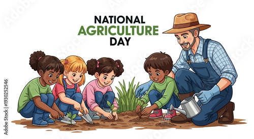 A farmer and children plant on National Agriculture Day, promoting food, fiber, and abundance with educators and producers.