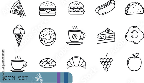 Print Minimalist Fast Food and Bakery Icon Set Featuring Burgers Pizza Hot Dogs Pastries and Coffee Symbols