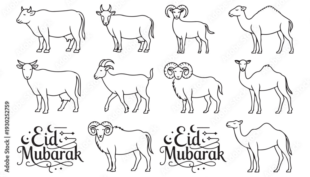 Obraz premium Elegant Eid Mubarak Islamic greeting card with decorative crescent moon and standing goat silhouette traditional Eid al Adha festival vector illustration with lantern and stars