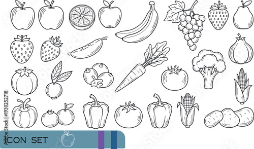Print Hand-Drawn Style Fresh Fruits and Vegetables Icon Set Featuring Organic Garden Produce Like Persimmons Potatoes Broccoli and Berries