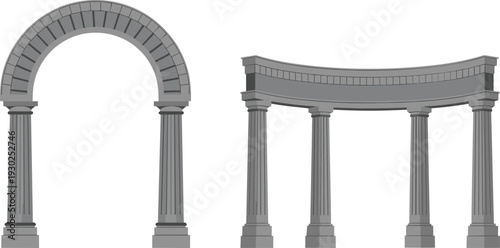 Classical architectural arch vector set, with gray stone columns, ancient roman portal, and historical masonry structures