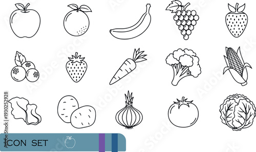 Print Minimalist Fresh Produce and Garden Favorites Line Icon Set Featuring Organic Fruits Vegetables Berries and Root Crops