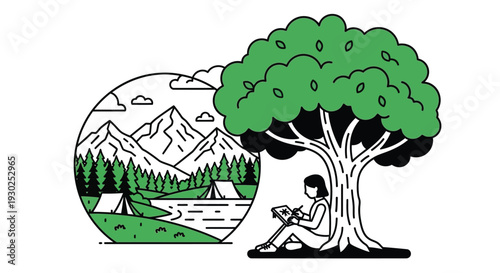 A person reading under a large green tree, with a circular illustration of a mountain camping landscape featuring tents by a lake and forest.