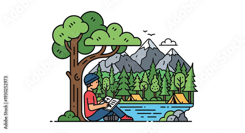 A person sitting under a large tree, sketching in a notebook, with a beautiful mountain and forest landscape featuring a river and camping tents in the background.