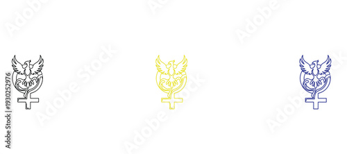 Set of Phoenix Venus Symbols for Women Empowerment and Gender Equality, Rising Bird Female Icon in Black Yellow and Blue, Concept of Feminism Strength Rebirth and Resilience Vector Illustration