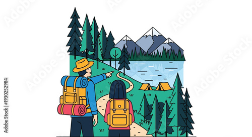 Illustration of two hikers with backpacks pointing towards a scenic mountain lake with a forest and campsite.