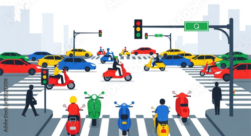 Busy City Street with Motorcycles.