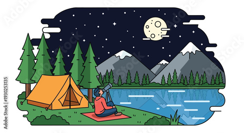 A person stargazing with a telescope next to a tent by a lake and mountains under a starry night sky with a full moon.