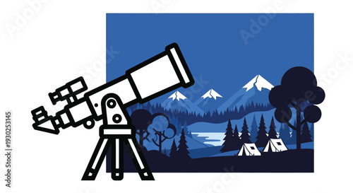 Telescope on a tripod set up for stargazing at a serene mountain lake campsite under a dark night sky with pine trees and tents.