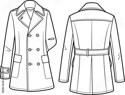 Flat vector CAD drawing of classic double-breasted trench coat with notched collar, pockets, belt detail, and long sleeves design