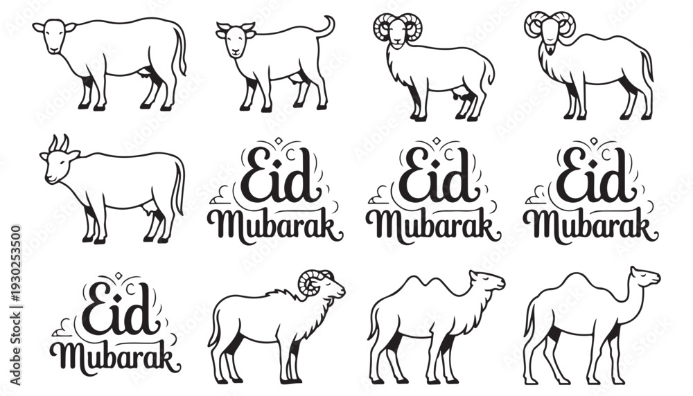 Fototapeta premium Elegant Eid Mubarak Islamic greeting card with decorative crescent moon and standing goat silhouette traditional Eid al Adha festival vector illustration with lantern and stars