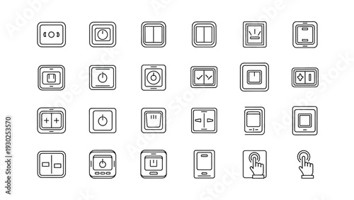 A versatile vector graphic illustration showcasing a comprehensive set of smart home control icons and various electrical switch designs for modern digital applications.