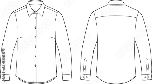 Flat vector CAD drawing of classic men’s formal shirt, long sleeve, front buttons, cuff detail, collar design, and back yoke