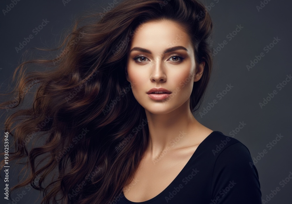Fototapeta premium Elegant Woman with Voluminous Wavy Dark Brown Hair in Studio – Perfect for Beauty and Hair Care Campaigns