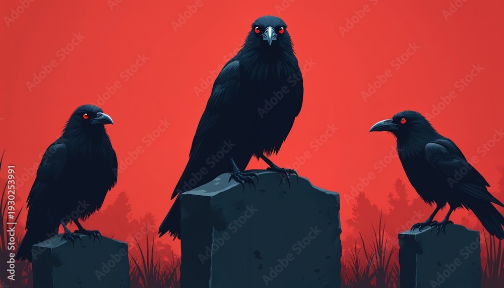 Fototapeta premium Three black birds with red eyes perch on gravestones. A dark forest is visible behind them under a bright red sky. The scene suggests mystery or death.