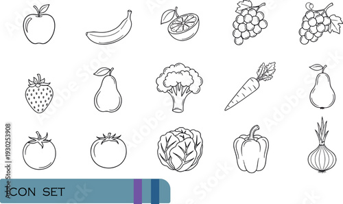 Print Minimalist Fresh Fruit and Vegetable Variety Icon Set Featuring Organic Produce Like Apples Bananas Grapes Broccoli and Bell Peppers