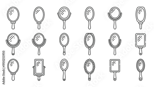 Collection of sixteen various handheld vanity mirror line art icons illustrating different cosmetic reflection shapes and handle designs