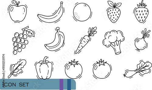 Print Cute Hand-Drawn Fruits and Vegetables Icon Set Featuring Organic Produce Like Bananas Grapes Tomatoes and Leafy Greens